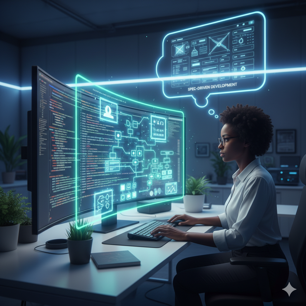 A stylized image showing a developer at a computer, with lines of code transforming into a clear, visual blueprint or specification. A thought bubble above the developer's head showing a detailed plan.