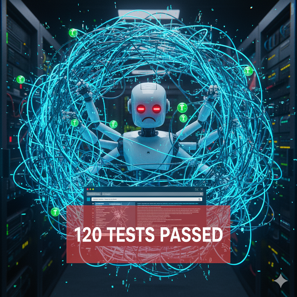 An image depicting a complex, chaotic tangle of wires or code, with a few small, glowing "tests" that don't seem to connect or cover the larger mess. A frustrated robot or AI trying to sort it out