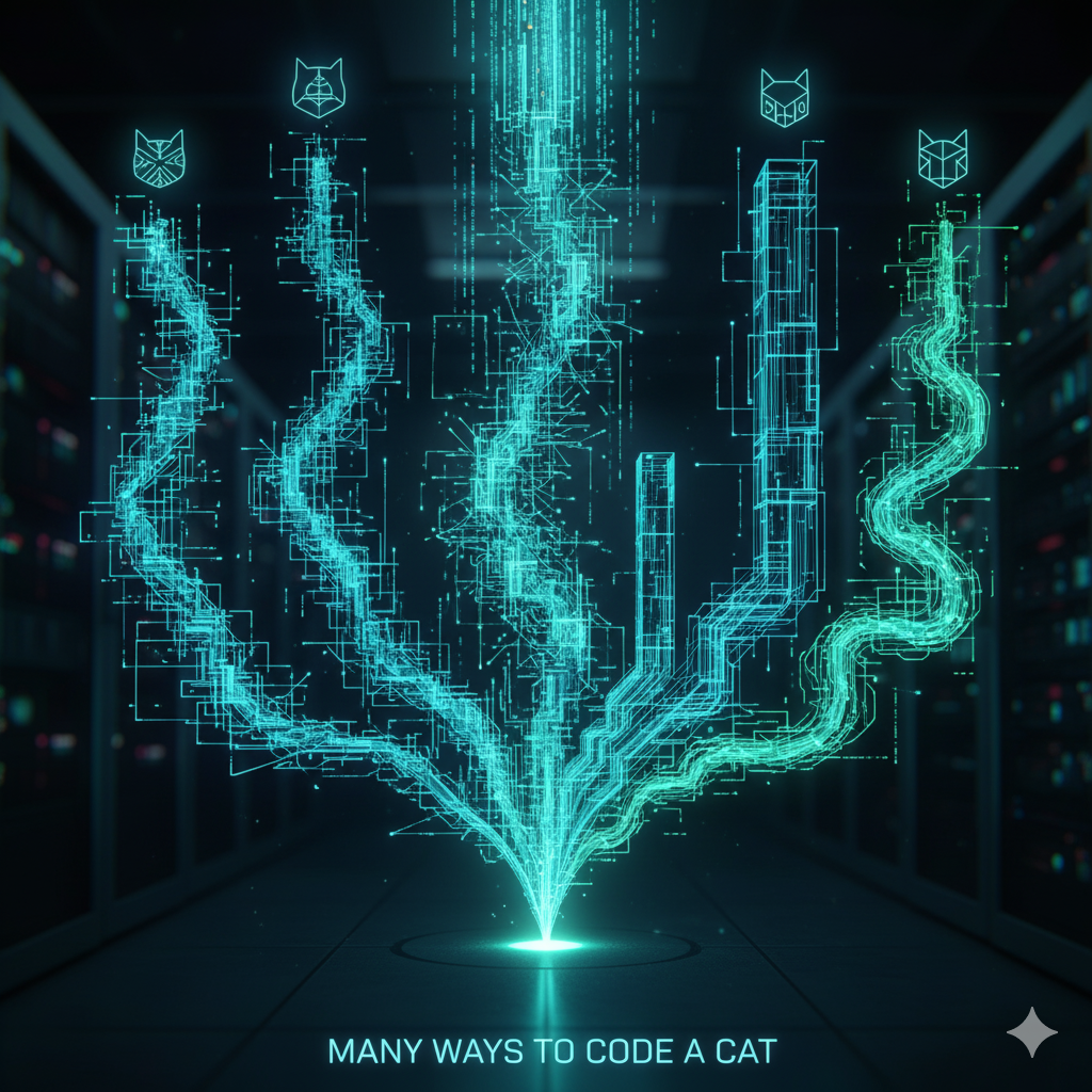 An abstract image illustrating multiple diverging paths or streams of code, all starting from a single point but ending up in very different, possibly unpredictable, configurations. Uses a subtle cat motif.