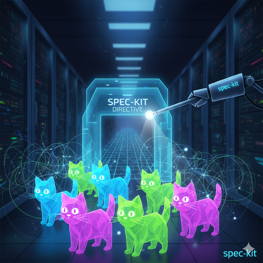 A playful yet illustrative image of a robotic arm or a digital shepherd, representing Spec-kit, gently but firmly guiding a group of glowing, abstract "LLM cats" into an organized formation or a funnel, suggesting focus and direction.