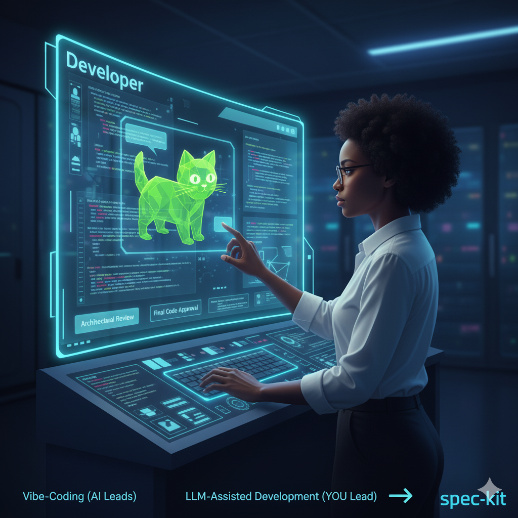 A developer (human) at a control panel, confidently directing an LLM (represented as a helpful, glowing entity or digital assistant on a screen), showing the human in charge, making the final decisions and review.